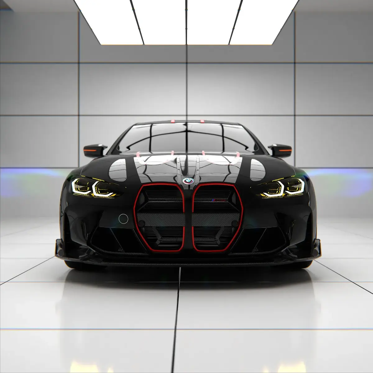 Black performance car with tinted windows in the studio